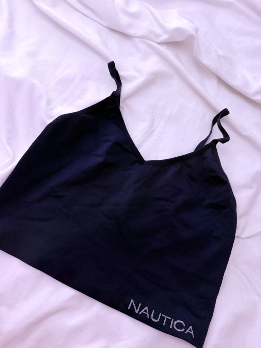 Nautica Navy Blue Cropped V-Neck Tank with Logo Hem